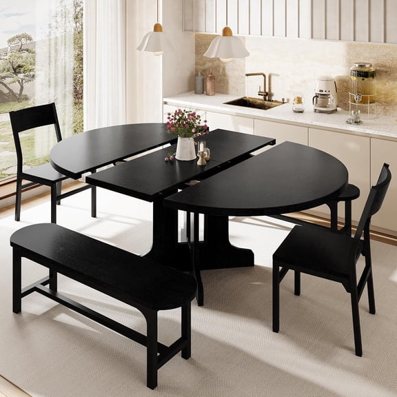 5-Piece Round Dining Table Set for 4-6,59" Extendable Dining Room Table Set with 2 Ergonomic Chairs & 2 Benches,Space-Saving,Black