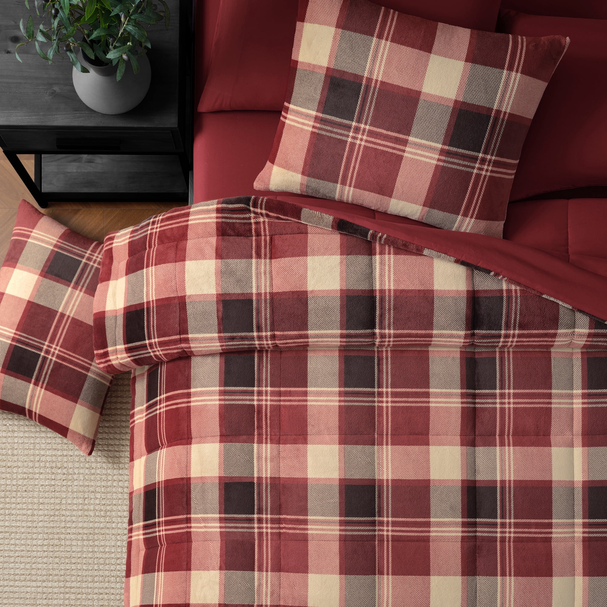 Pawz 3-Piece Fleece Comforter Set with Pillow Shams, Soft and Warm, Red Plaid, King