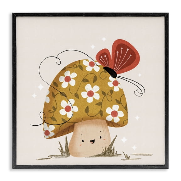 Stupell Industries Happy Mushroom & Butterfly Floral Painting Black Framed Art Print Wall Art, 12 x 12