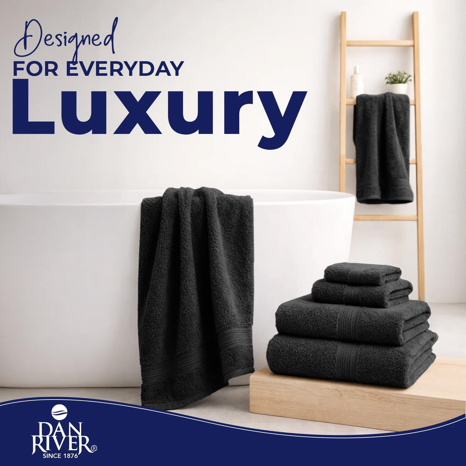 Dan River 8 Piece Towel Set Soft Quick Drying Cotton Bath Towel For Gym, Spa and Bathroom - Black