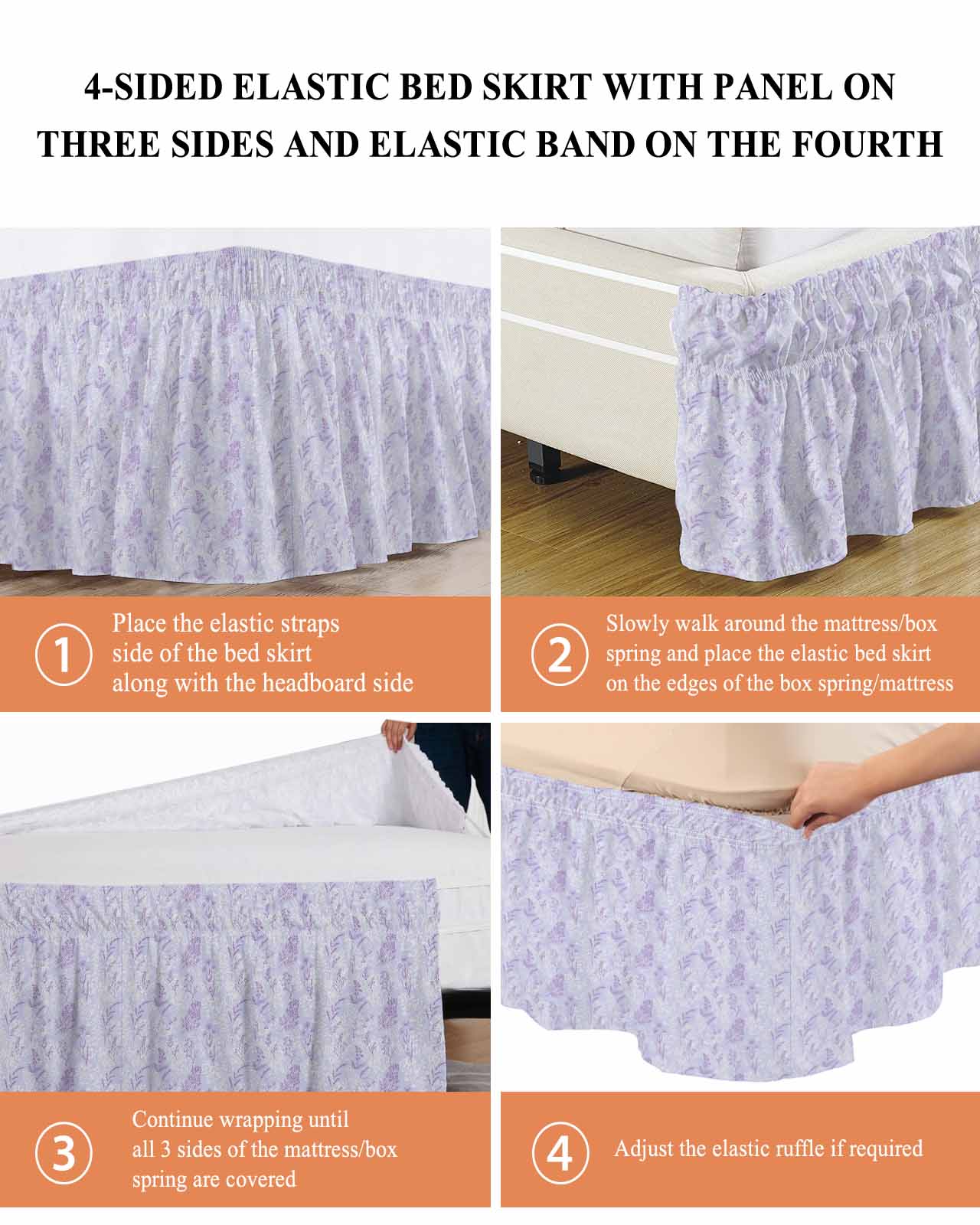 Light Purple Flowers Bed Skirt Queen Size 16 Inch Drop, Spring Lavender Floral Leaf Botanical Adjustable Elastic Dust Ruffles Bedskirt for Queen Bed Wrap Around Pleated Mattress Frame Cover