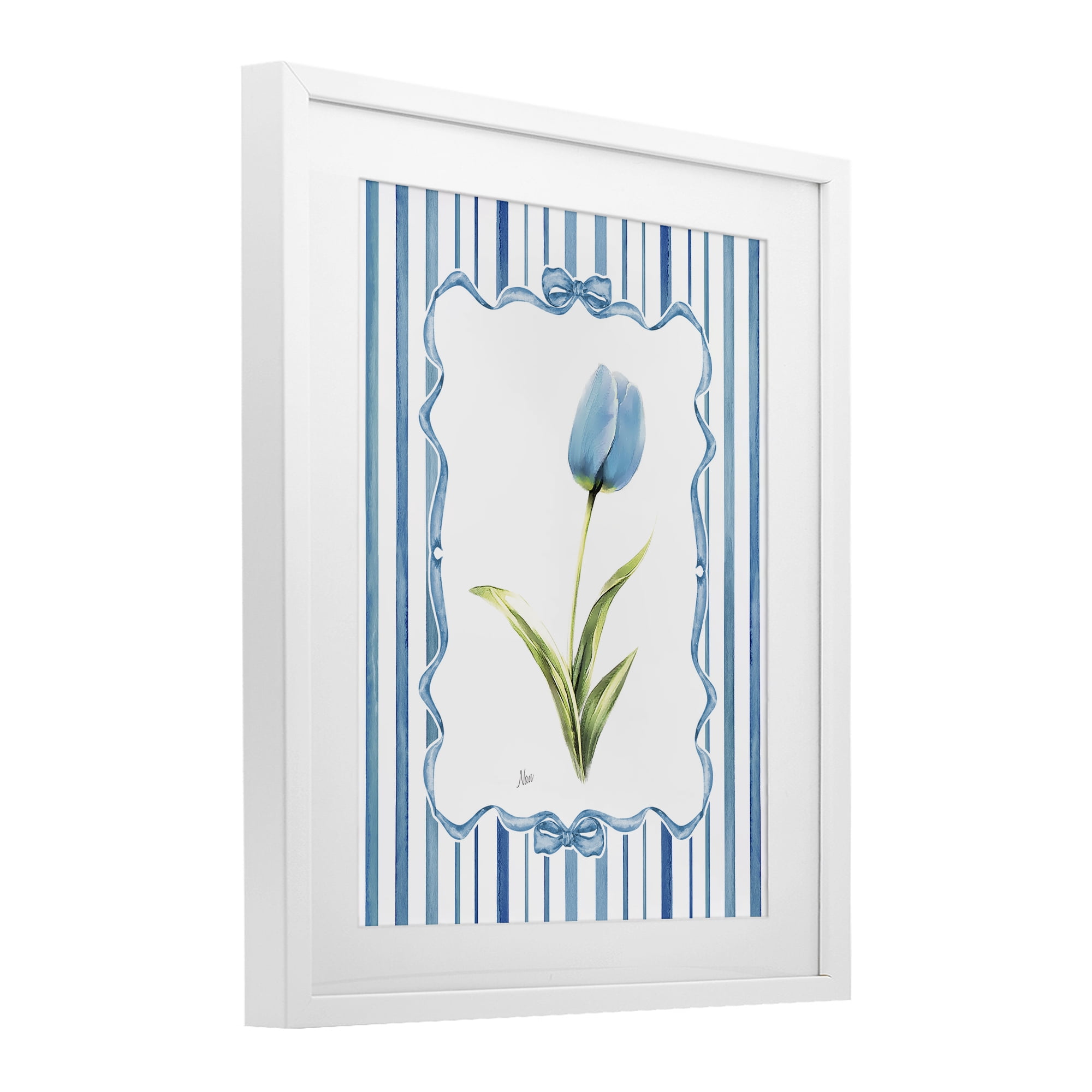 Stupell Industries Blue Tulip & Ribbon Border White Framed Print Under Glass, design by Nan