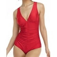thumbnail image 2 of LIORA Women’s One Piece Swimsuits V Neck Swimwear Ruched Tummy Control Bathing Suit US Medium, Red, 2 of 6