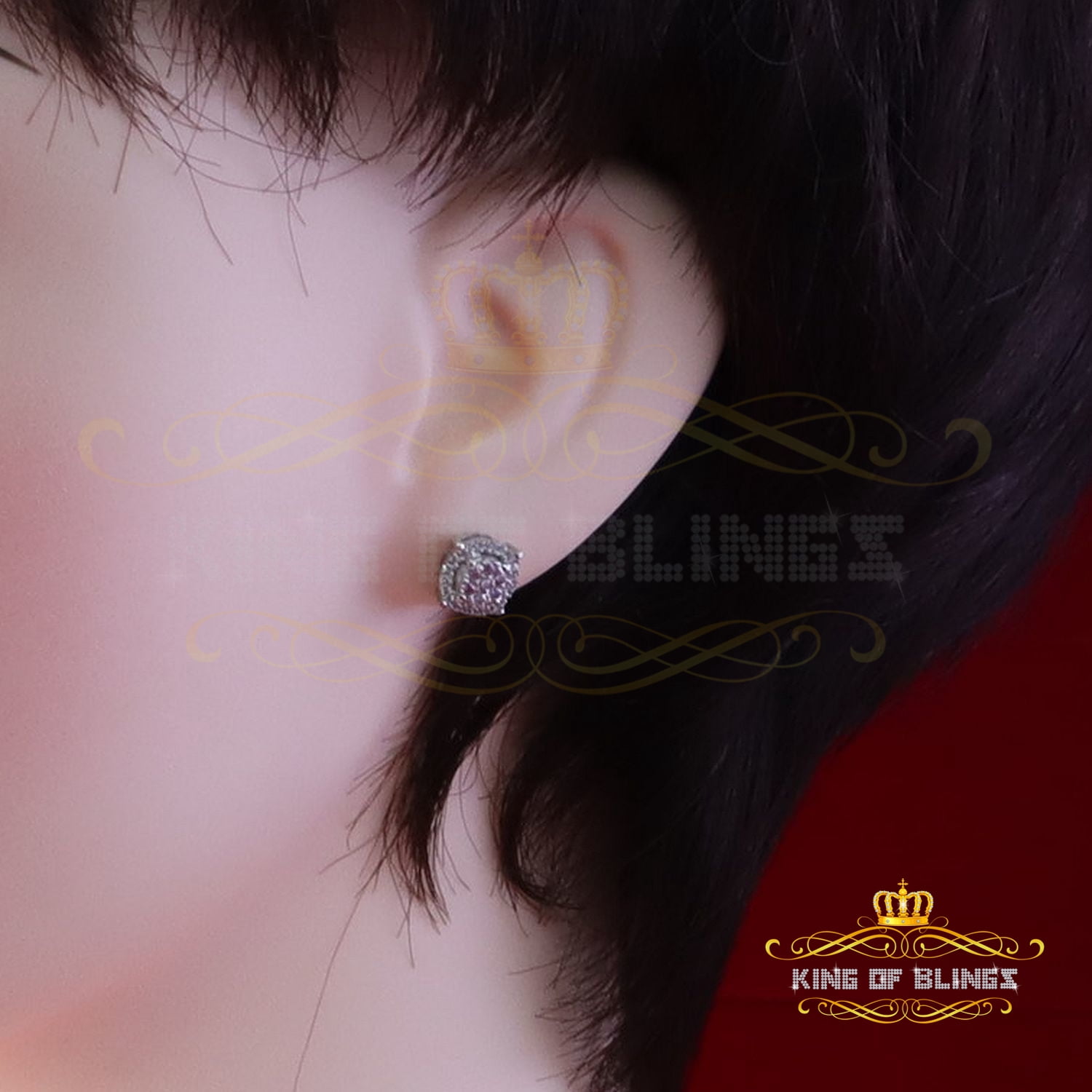 King of Bling's 925 Silver White 0.40ct VVS 'D' Pink Moissanite Round Mens/Women's Stud Earrings