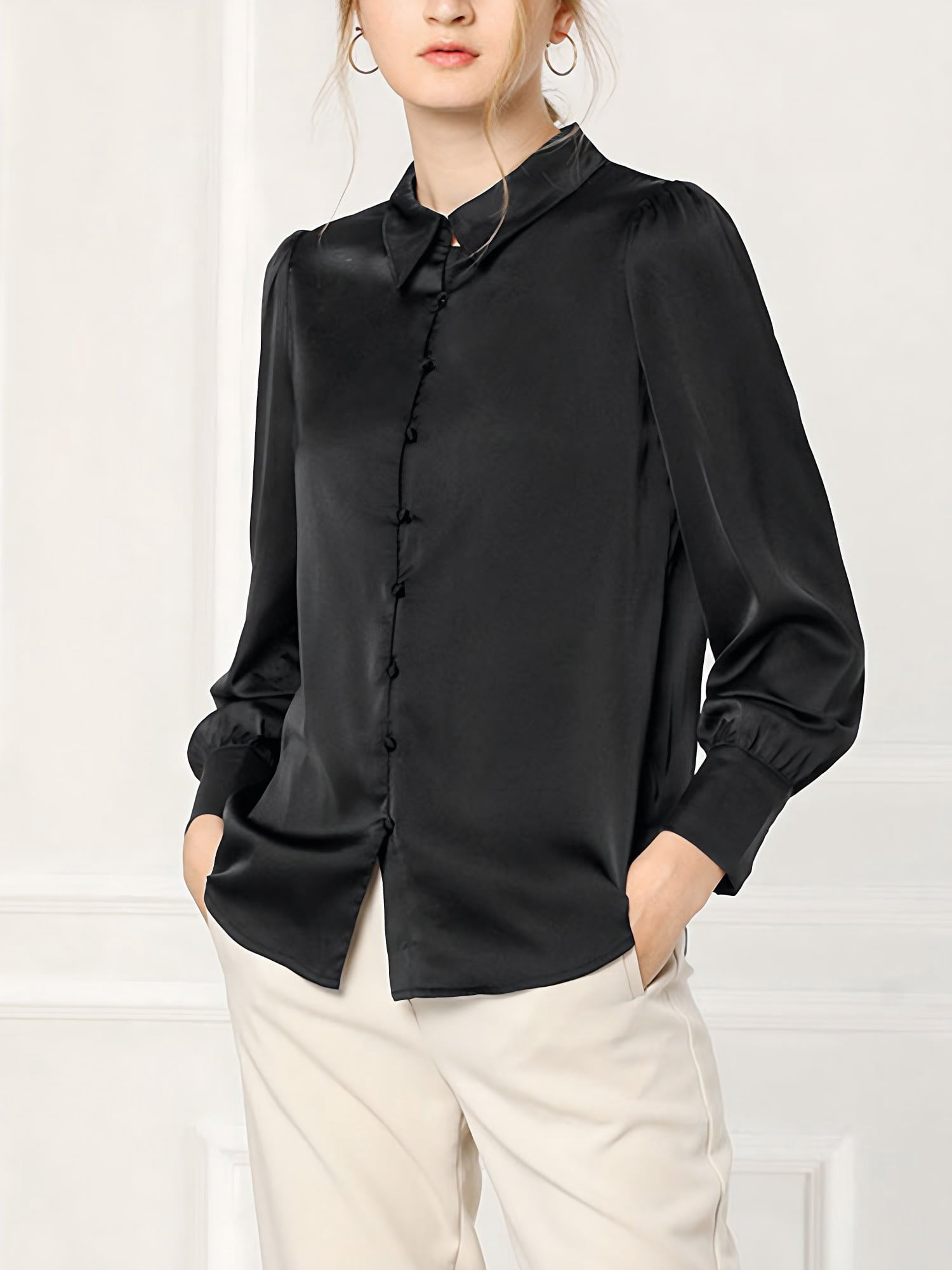DARING DIVA Women's Satin Blouse Puff Long Sleeve Collared Button Down Shirt M Black