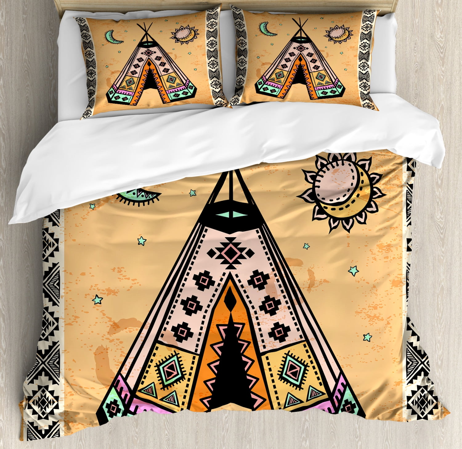 Tribal King Size Duvet Cover Set, Indian Tent with Pagan Symbols Cultural Unique Bohemian Free