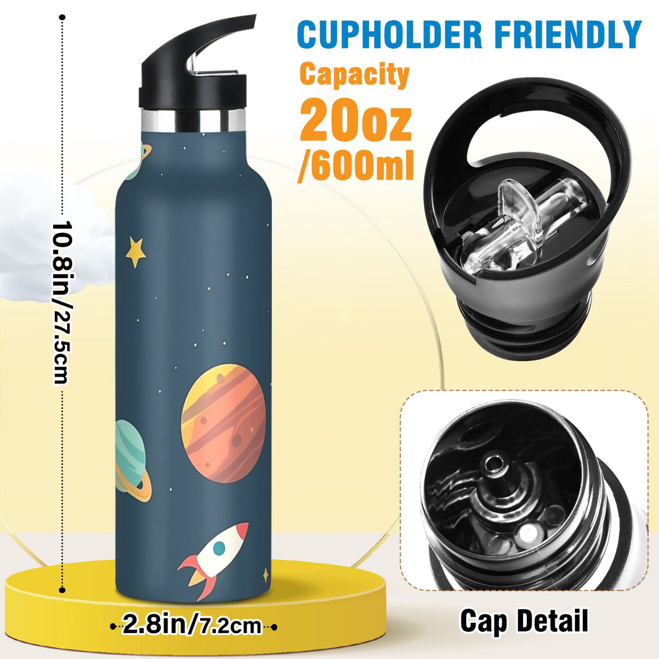 Kids Insulated Stainless Steel Sports Water Bottle 600ml (20oz), BPA-Free Space Planets and Stars