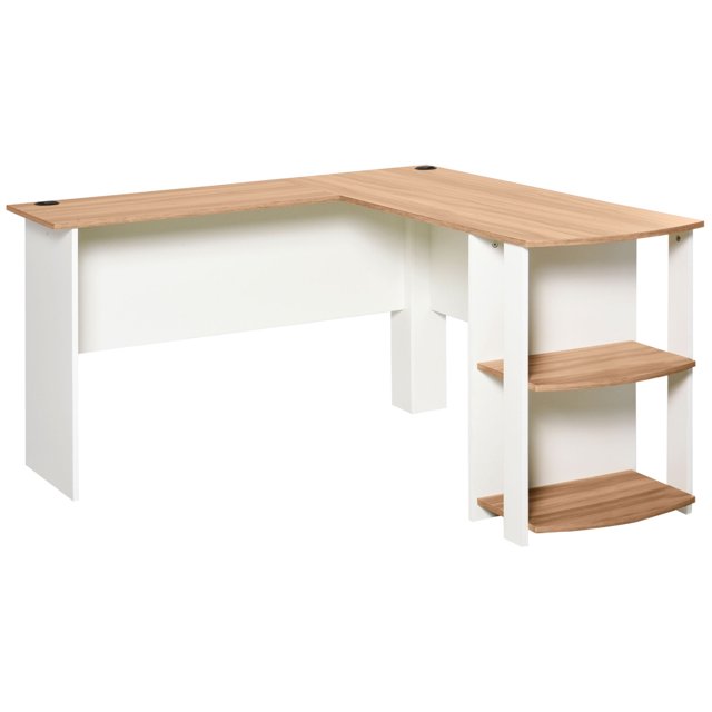 HOMCOM L-Shaped Desk, Computer Corner Desk, PC Table with 2 Storage Shelves, Home Office Workstation, Walnut Brown