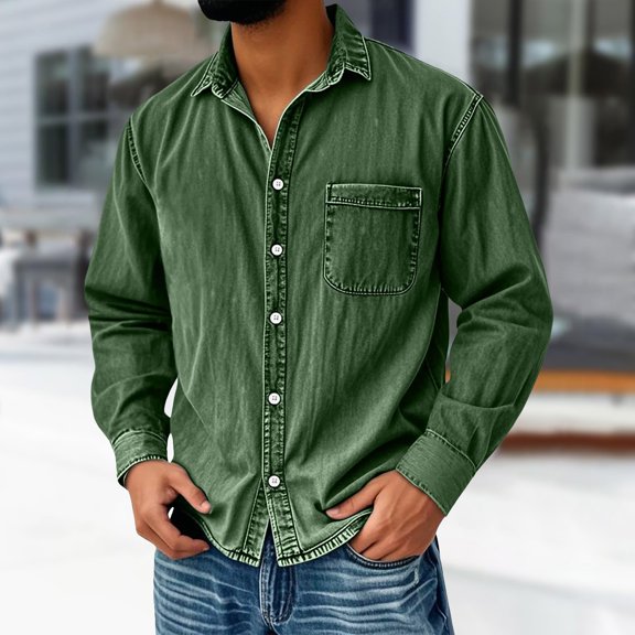 Mens Cotton Shirts Long Sleeve, Retro Washed Distressed Button Down Shirt with Collar Neck and Pocket, Vintage Workwear Casual Streetwear Top Blackish Green L