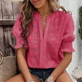 thumbnail image 6 of New Summer Arrivals Olyvenn Puff Sleeve Tops for Women Hollow Out Lace Notched Collar Bubble Blouses V Neck Ruffled Short Sleeve Eyelet Chiffon Shirts Hot Pink S, 6 of 8