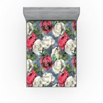 Ambesonne Flower Fitted Sheet, Romantic Roses Leaves Print, Queen Size, Blue Grey Dark Pink