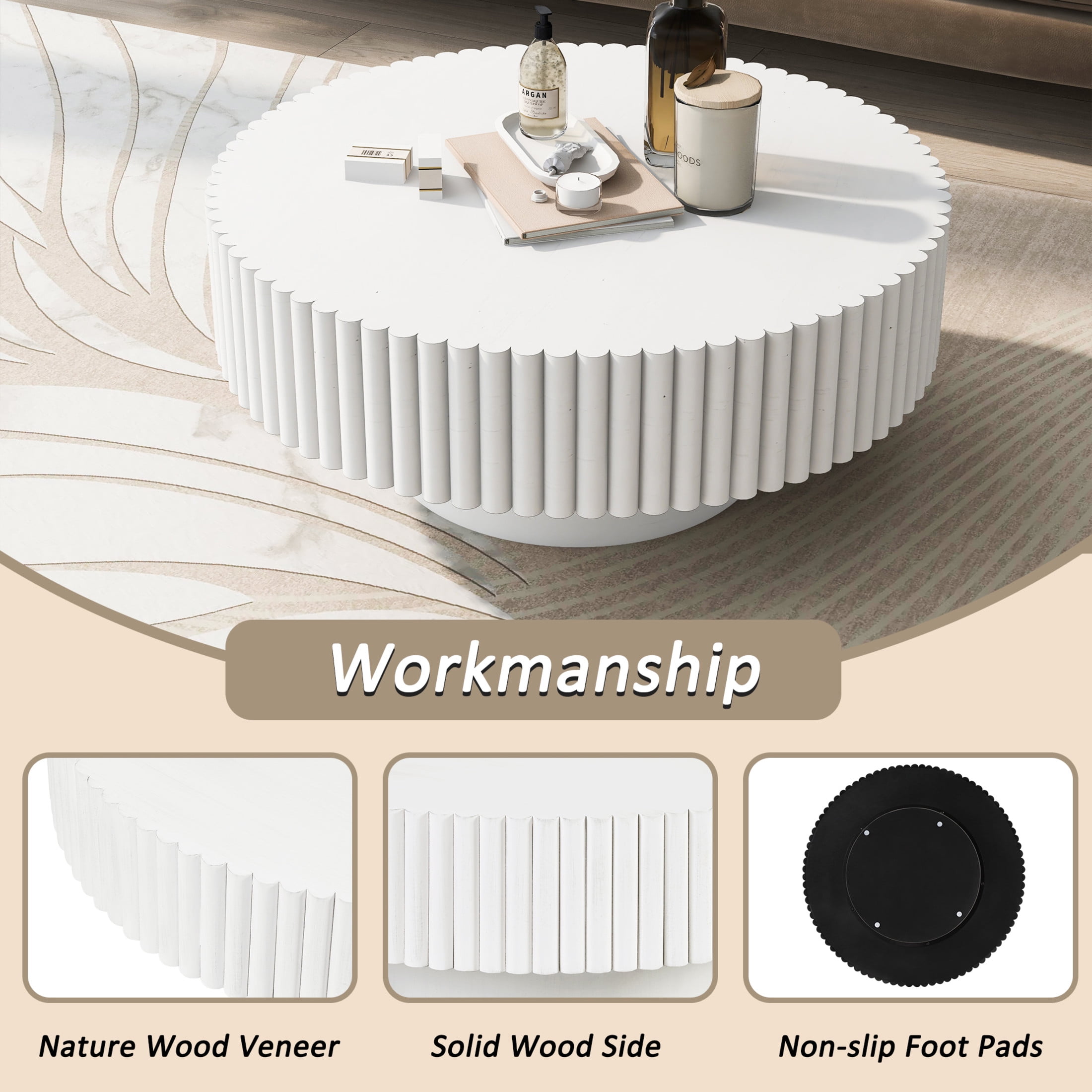 Noble House 31.5" Round Fluted Drum Coffee Table, Solid Wood Modern Center Table for Living Room, Retro White