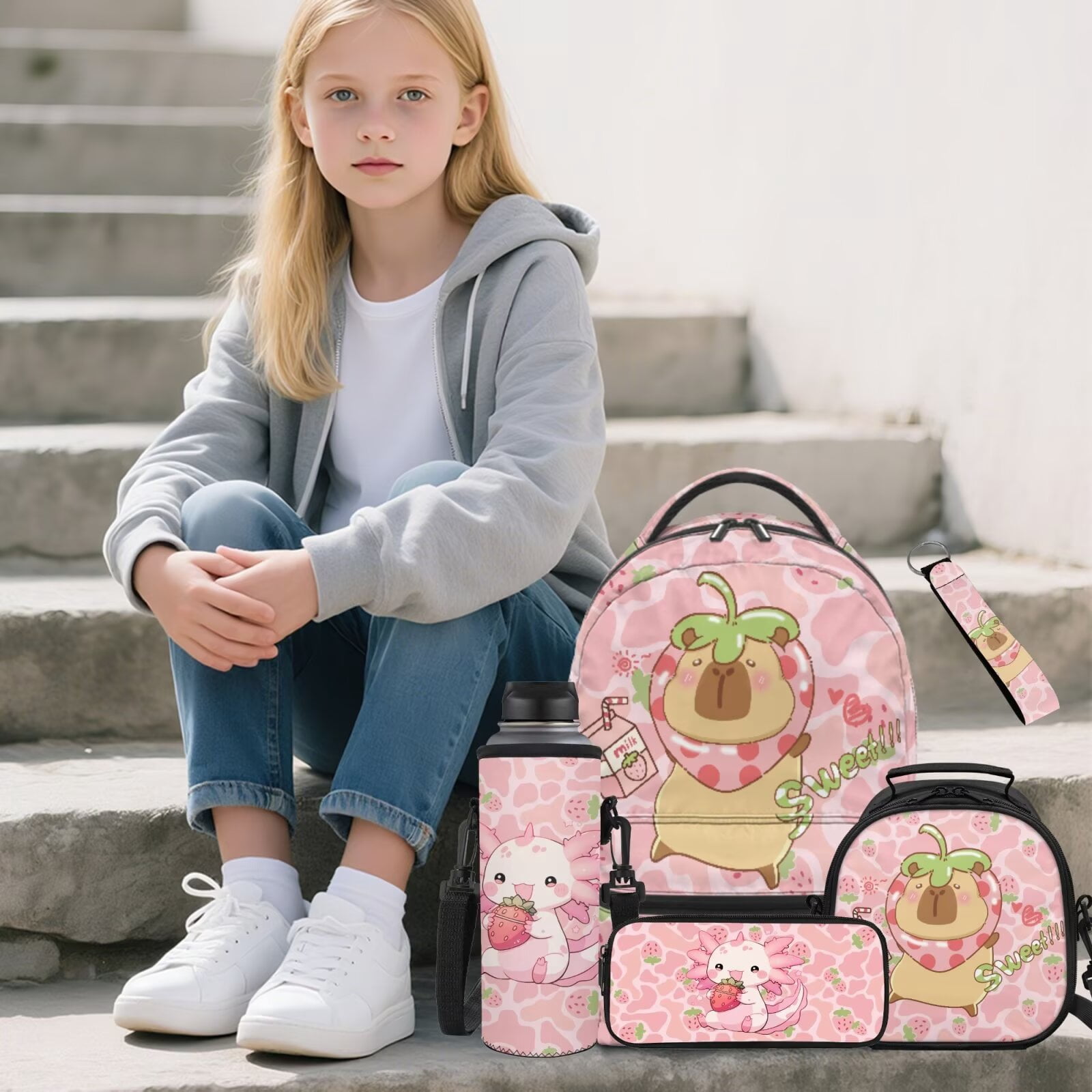 Pzuqiu Capybara Strawberry Back Pack for School Girls Backpacks for Teens Girls Backpack with Lunch Bag Pencil Case Water Bottle Holder Bag Large Shoulder Strap Rucksack