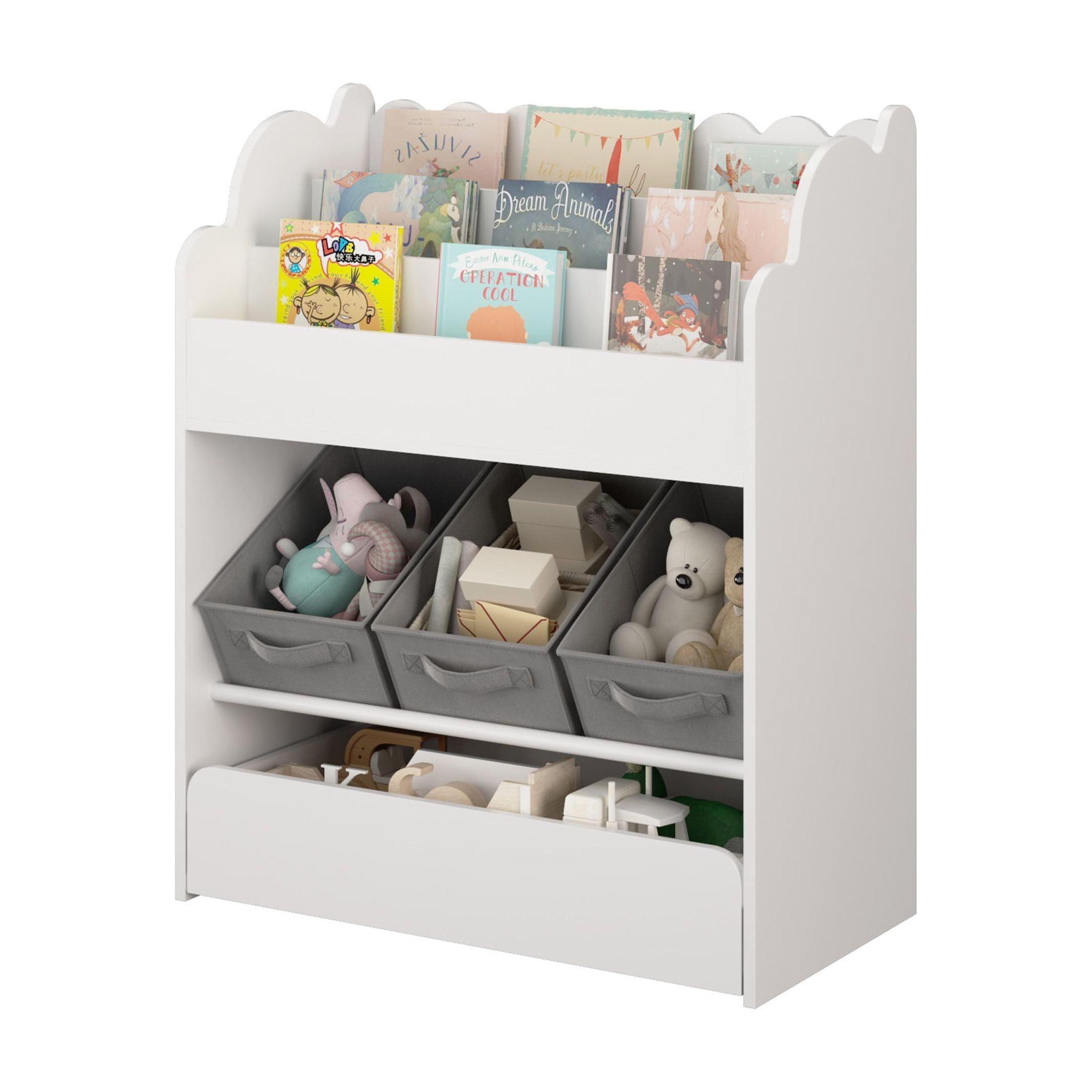 Noble House Kids Bookshelf with Storage Bins and Drawer, Multi-Functional Bookcase for Toys, Books and Nursery, White