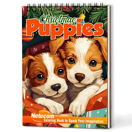 Netecom Christmas Puppies Coloring Book Spiral Bound for Adults A5 Wooden Cover 30 Xmas Theme Coloring Pages of Cute Dogs for Stress Relief and Relaxation