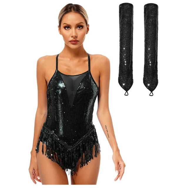 Lejafay Justaucorps de Danse de Salon à Sequins pour Femmes Robe de Fête de Bal Costume de Salsa Rumba avec Gants Noir m