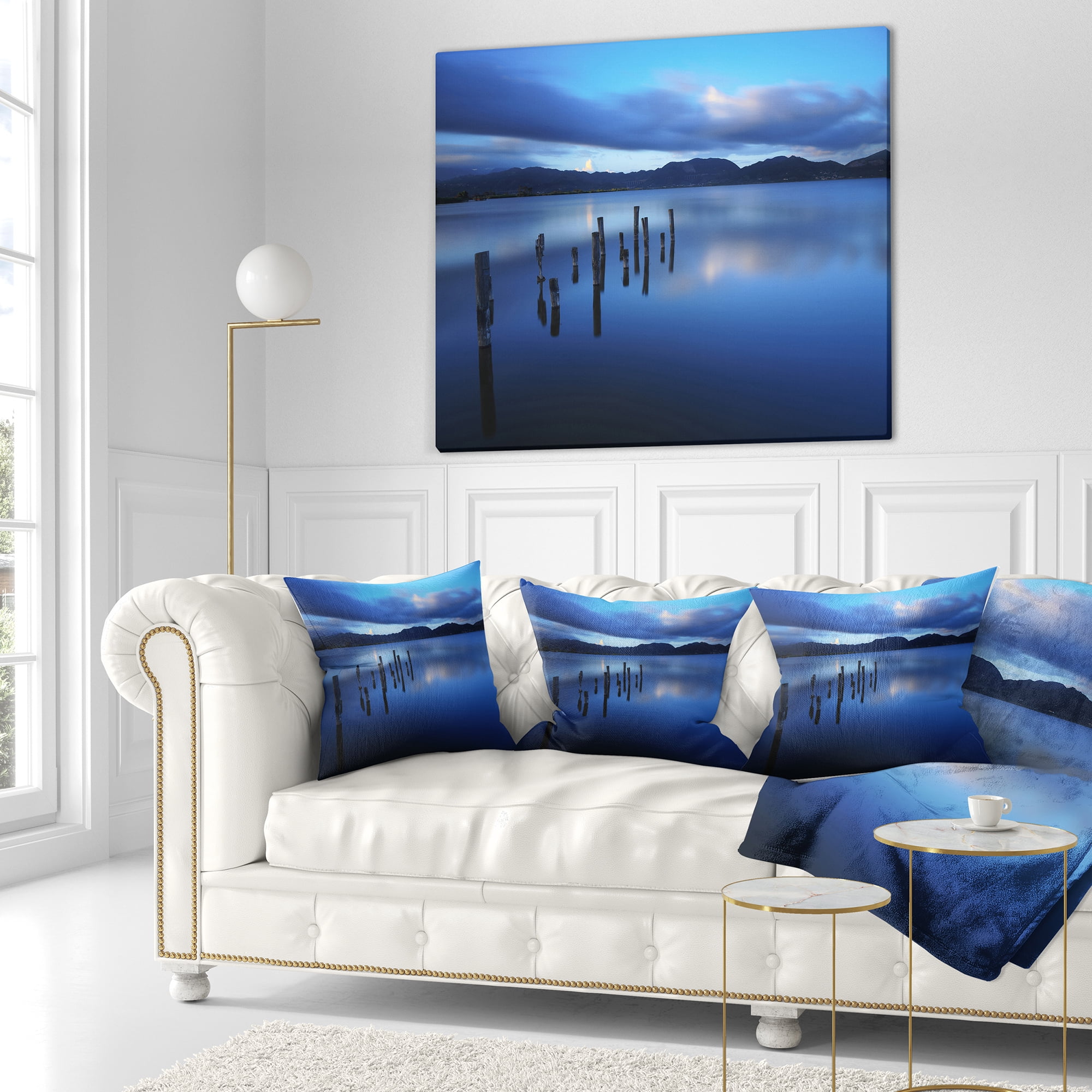 Designart Dark Blue Sea with Pier Remains - Seascape Throw Pillow - 18x18