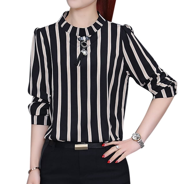 Camisa sólida con cuello en O para mujer Blusa superior informal con estampado de rayas de manga larga para niña AweSitey AP0474-04
