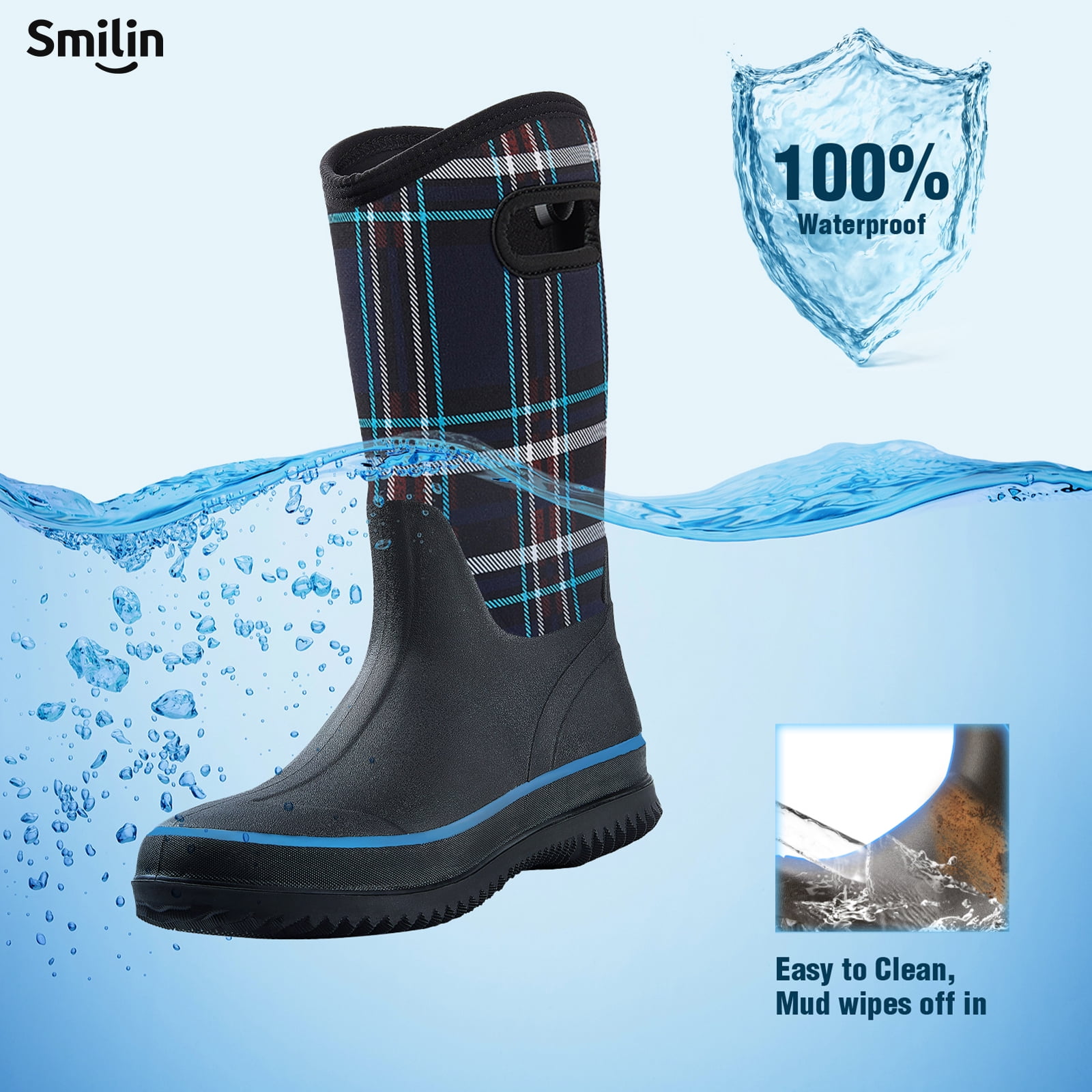 SMILIN Rain Boots for Women, Anti-slip Mid Calf Women Mud Boots, Blue, Size 11