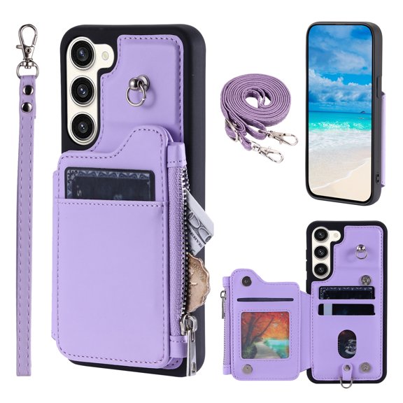 Crossbody Wallet Case for Samsung Galaxy S23 Plus with Card Slot Holder, Magnetic Flip Folio Purse Case, PU Leather Zipper Handbag with Detachable Lanyard Strap & Shoulder Strap, Purple