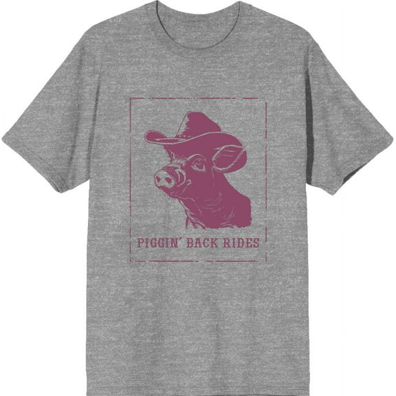 Cowboy Pig "Piggin' Back Rides" Adult Heather Gray Crew Neck Short Sleeve Tee-Medium