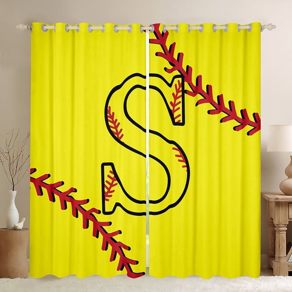 Homewish Boys Sport Baseball Black Out Curtains, Yellow Initial S Letter Curtains Pack of 2 (42x63 Each), Chic Stripes Abstract Bedroom Curtains, Curtains Blackout Home Decor