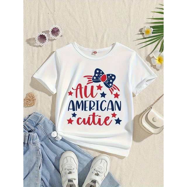 Girls' Patriotic 'AMERICAN CUTIE' Graphic Tee - Comfy Stretchy 100% Cotton Short Sleeve Shirt with Red Bow & Stars Design, Round Neck Casual Top for Spring Summer Fall, Machine Washable, Girls Tshirts