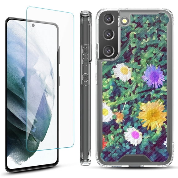 Shockproof Bumper Phone Case for Samsung Galaxy S22  / S22 Plus 5G, with Tempered Glass Screen Protector, by OneToughShield ® - Daisy Paint