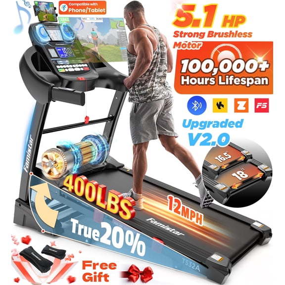 Famistar 5.1HP Folding Treadmill for Home with 20% Auto Incline, 300-400 LB Capacity, Portable Foldable Treadmill, FREE APP Control, Adjustable Tablet Holder,12MPH Speed,71 Programs,Knee Straps Gift