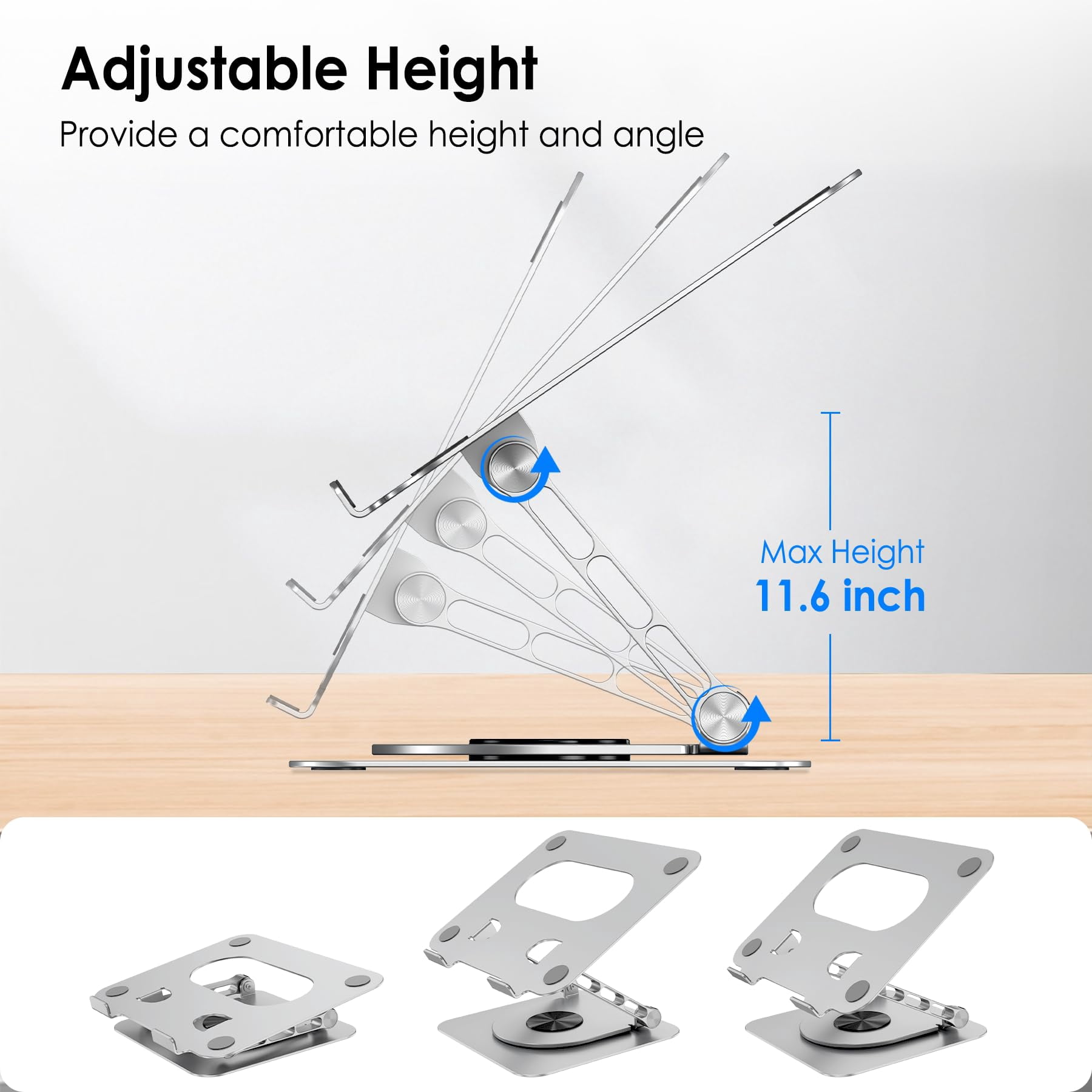 CreaDream Laptop Stand for Desk, 360 Rotating Adjustable Computer Stand, Aluminum Foldable Laptop Riser Holder Compatible with MacBook Air Pro, Dell XPS, HP Notebook (10-17.3'') -Silver