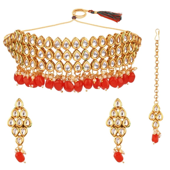 Efulgenz Indian Bridal Red Choker Necklace Earrings with Maang Tikka Ethnic Wedding Faux Kundan Jewelry Set Bollywood Jewellery for Women