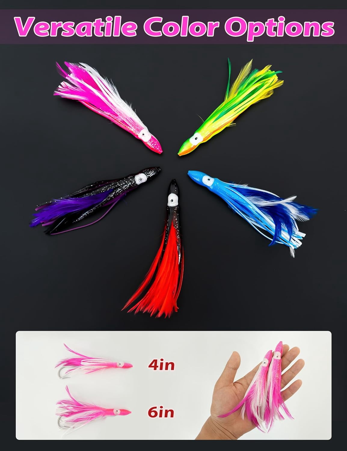 BLUEWING Tuna Feather Daisy Chain Squid Chain Fishing Teaser Lure with 4in Feathered Trolling Squids and Stainless Steel Trolling Hook Big Game Trolling Lure for Tuna Mahi Wahoo Marlin, Pink