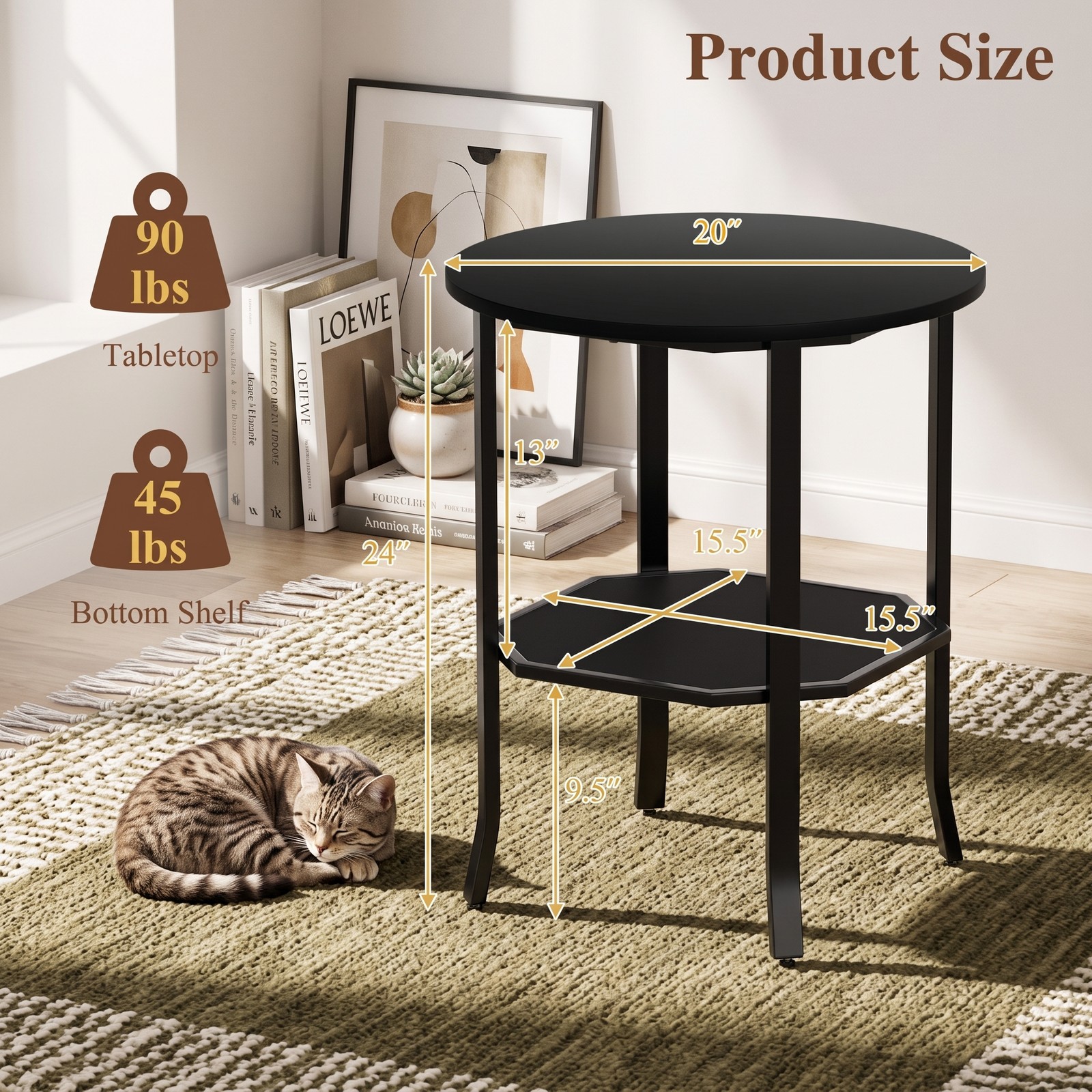 Furnibear Round Side Table Small End Table with Storage Shelf, 2-Tier Nightstand Sofa Couch Bedside Table for Small Space Living Room Bedroom, Black