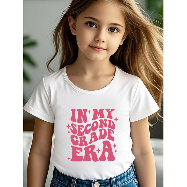 IN MY SECOND GRADE ERA Graphic Tee for Young Girls - Casual, Comfortable, Short-Sleeve Knit Top, Perfect for School & Outdoor Play, Ideal Summer Gift, School Playwear, Comfortable Fit, Girls T Sh