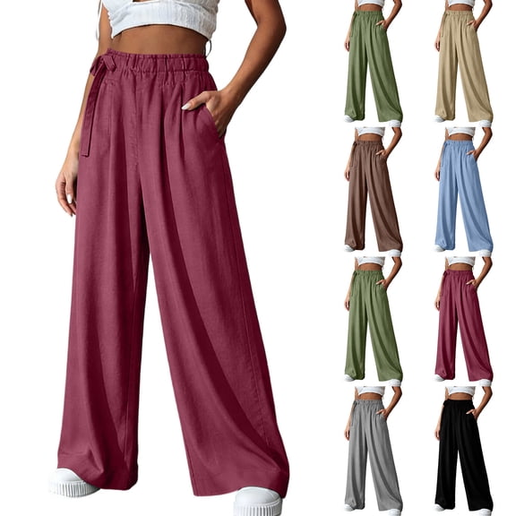 YABCSAZ Womens Cotton Linen Pants Casual Drawstring Elastic High Waisted Wide Leg Pants Loose Lounge Trousers Solid Color Casual Palazzo Pants with Pockets