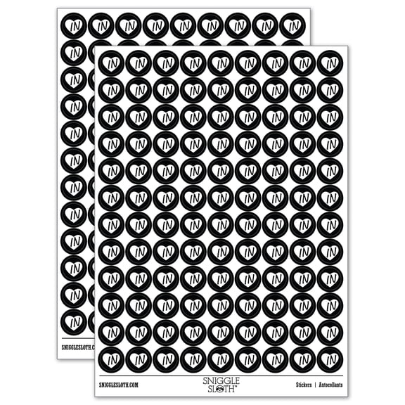 IN Indiana State in Heart 200 Round Stickers - Black - Gloss Finish - 0.50" Size