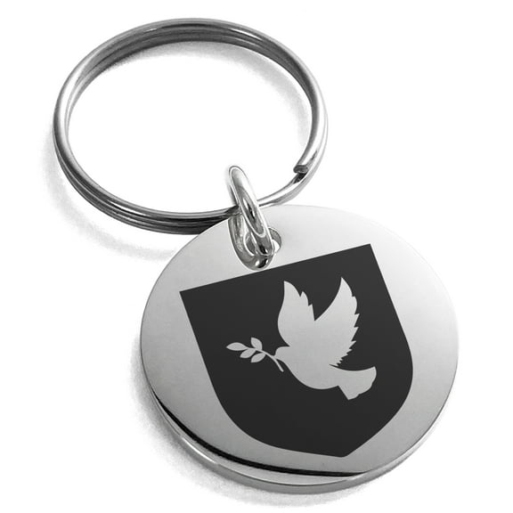 Stainless Steel Dove Peace Coat of Arms Shield Engraved Small Medallion Circle Charm Keychain Keyring