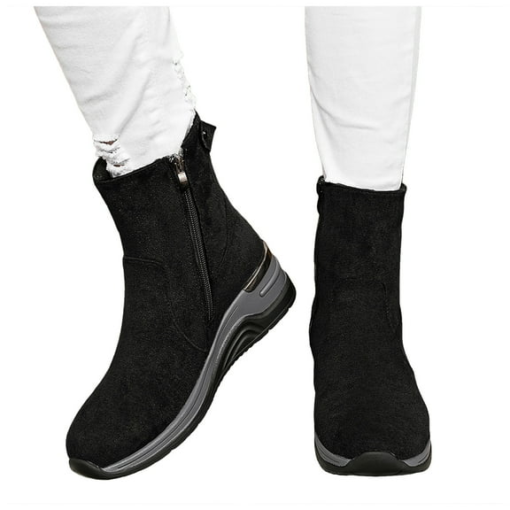Rokment Womens Platform Wedge Mid Calf Boots with Side Zipper Stylish Casual Suede Mid Heel Walking Work Short Booties Fall Winter Black Size 6