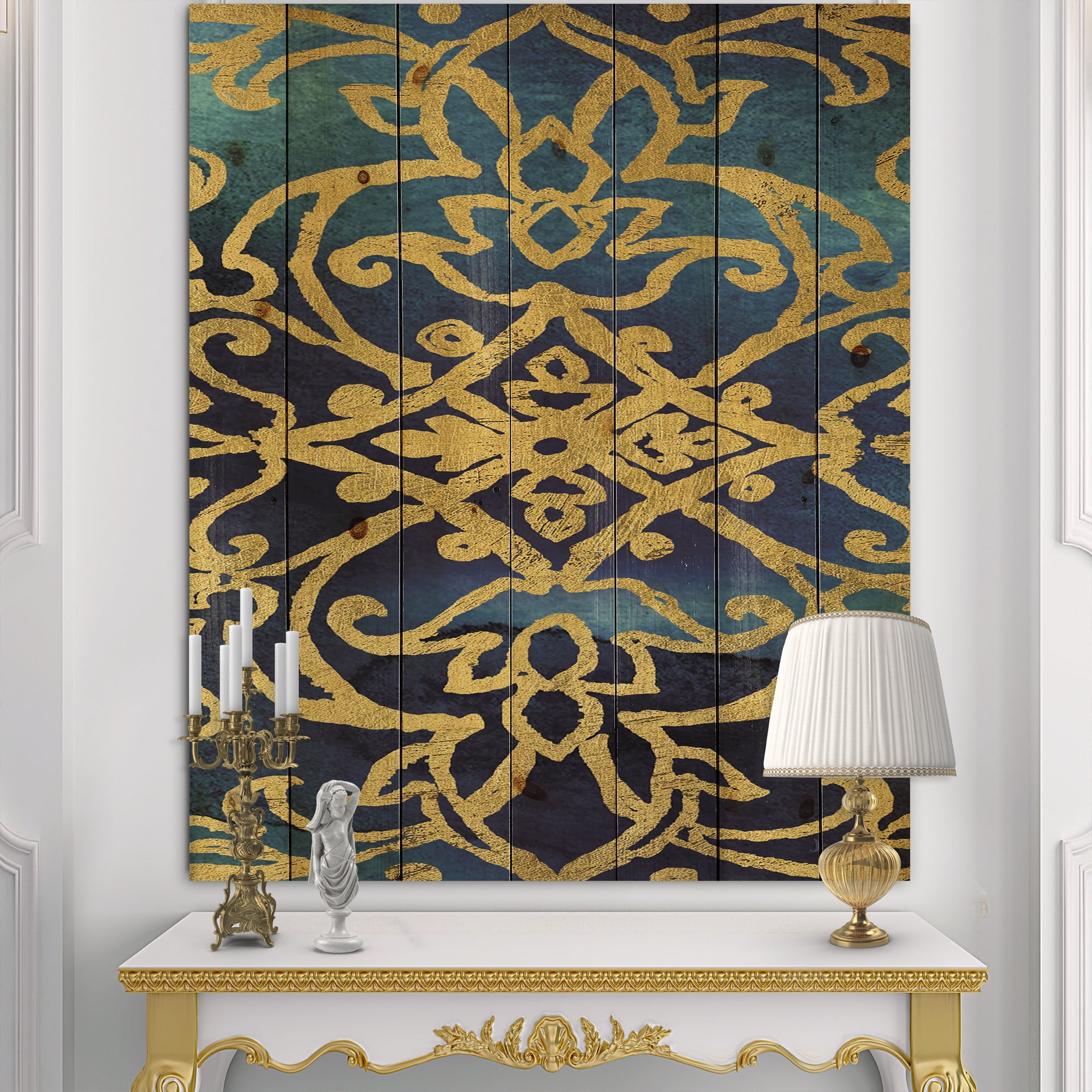 Designart 'metallic Glam Indigo Form II' Transitional Print on Natural Pine Wood