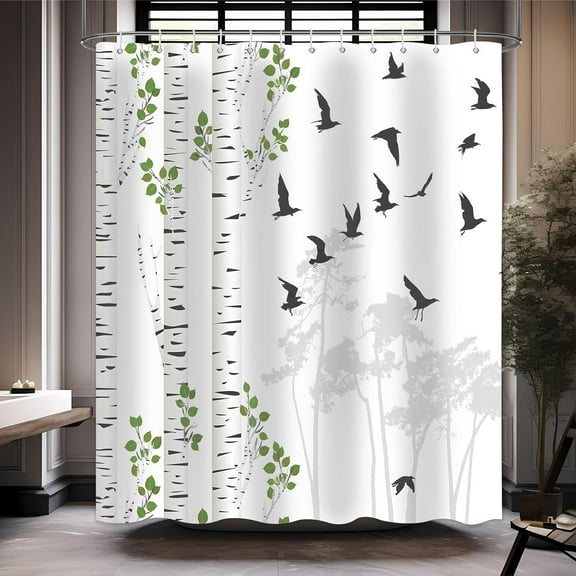 Forest Shower Curtain Birch Trees Forest Mountain Woodland Shower Curtain Green Tree Leaf Rowley Birds Scenery Spring Nature Themed Bathroom Decor Set with 12 Hooks 72x72 inches