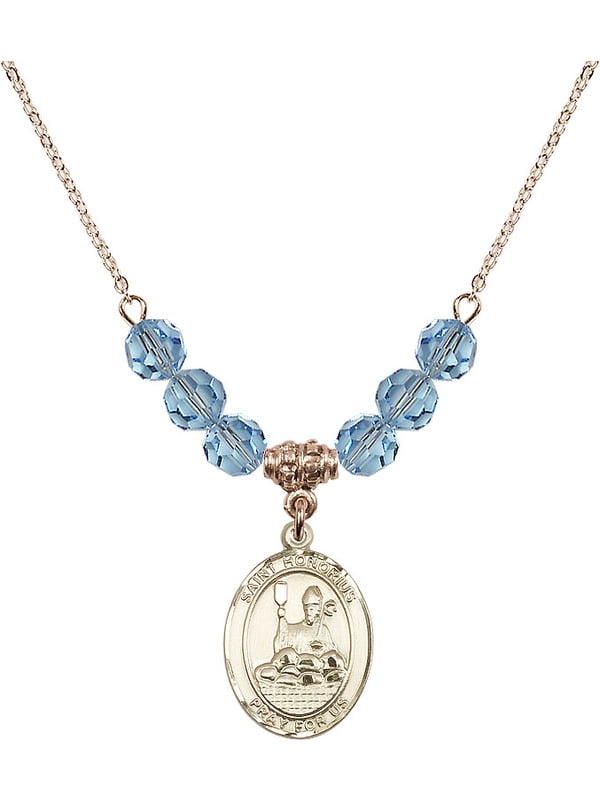Bonyak Jewelry 18 Inch Rhodium Plated Necklace w// 6mm Blue December Birth Month Stone Beads and Saint Honorius of Amiens Charm