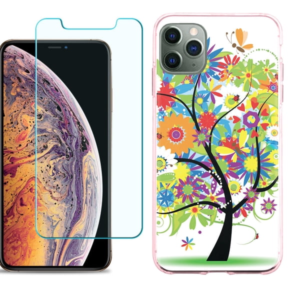 For Apple iPhone 11 Pro Max Case , Slim-Fit TPU Protective Phone Case (Pink Bezel) with Tempered Glass Screen Protector, by OneToughShield ® - Colorful Tree