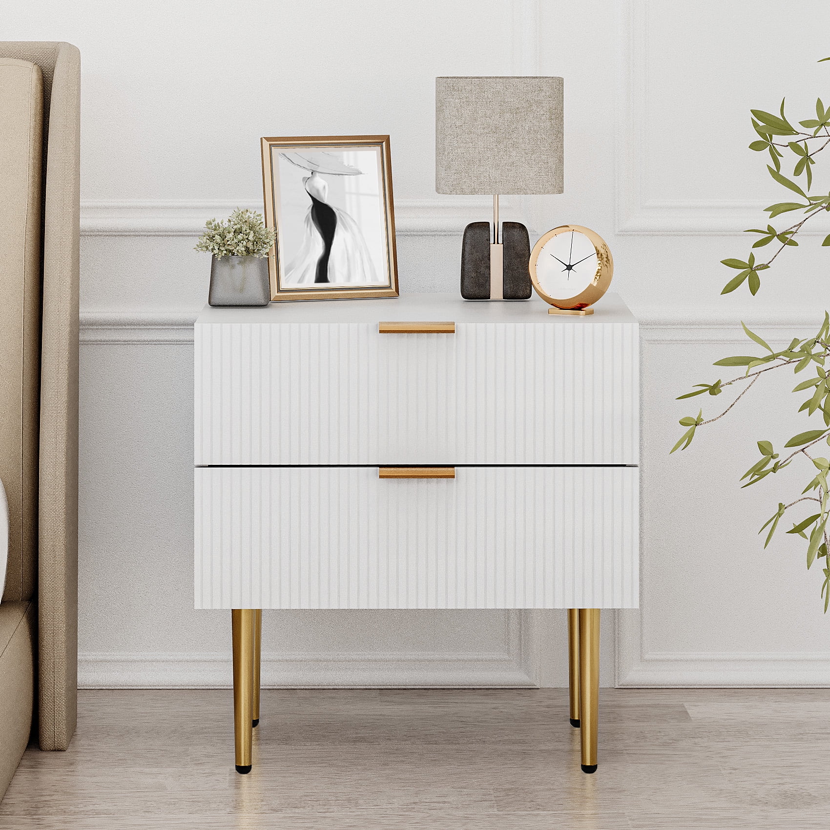 Smuxee Modern Nightstand with 2 Wave Pattern Drawer,End Tables Side Tables for Bedroom,White