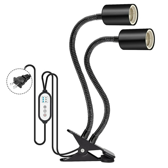 Dual-Head Reptile Basking Light Fixture with Auto Timer - Adjustable UVB Heating Lamp for Turtles and Lizards - Black, Long Design for Optimal Sunlight Simulation (Bulbs not included)