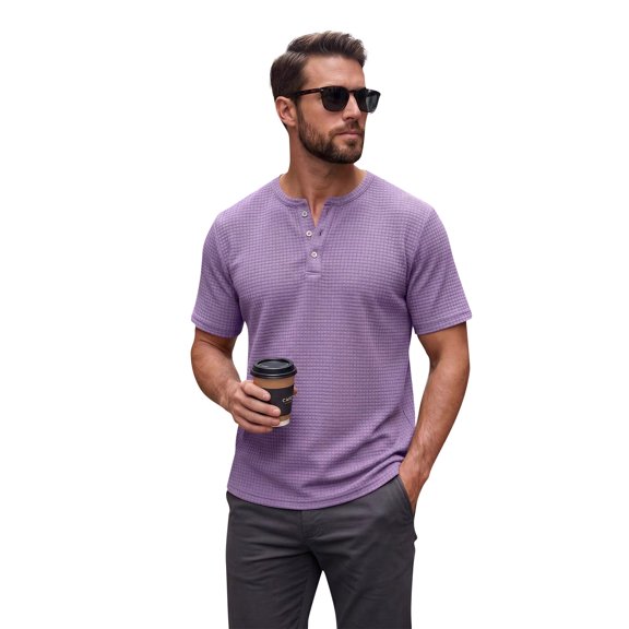 GrmtClth Men's Textured Knit Henley Shirt Short Sleeve Notch Neck Casual Top Soft Breathable Daily Wear Work Hiking Outdoor Activities Tee Light Purple 3XL