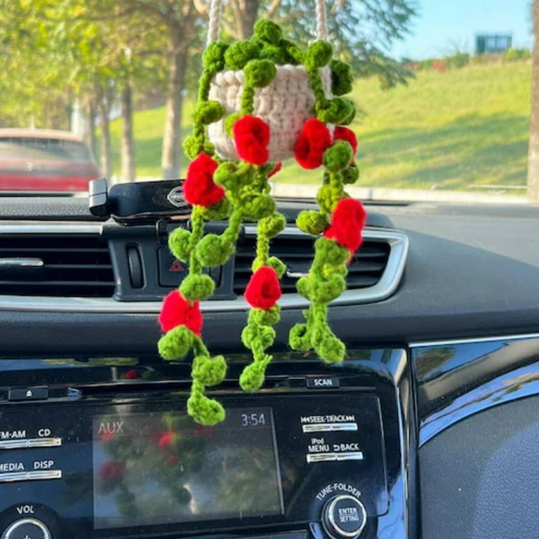 Anvazise Car Mirror Hanging Accessory Handmade Knitted Cute Crochet Potted  Plant Rear View Decor Car Interior Accessories Style C One Size 