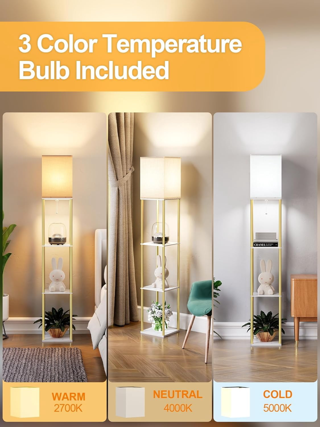 Floor Lamp with Shelves for Living Room, Shelf Floor Lamp with 3 CCT LED Bulb, Corner Display Standing Column Lamp Etagere Organizer Tower Nightstand with White Linen Shade for Bedroom, Office
