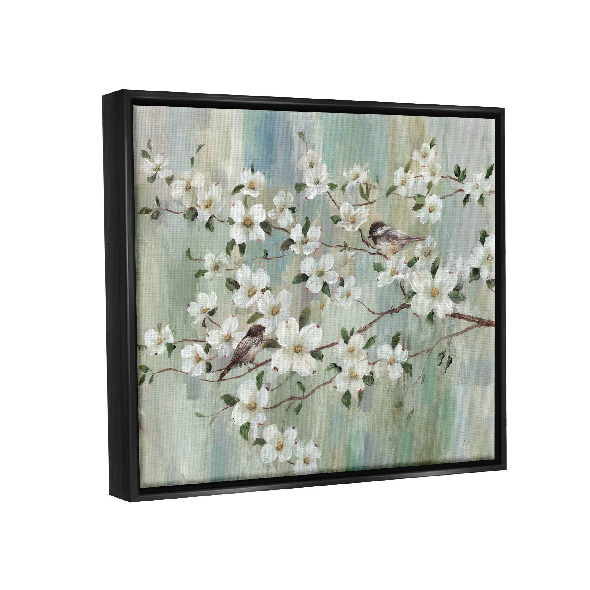 Stupell Industries Delicate Cherry Blossom Flowers Perched Birds Classic Painting Painting Jet Black Floating Framed Canvas Print Wall Art, Design by Nan