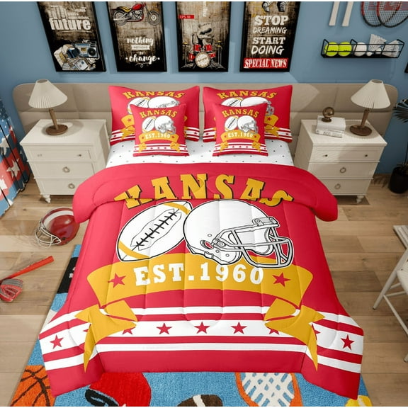 7Pcs 3D Football Game Bedding American Football City Twin Comforter Set, Sports Rugby Helmet Comforter Flat Sheet Fitted Sheet 2 Pillowcases 2 Throw Pillow Covers, Kansas