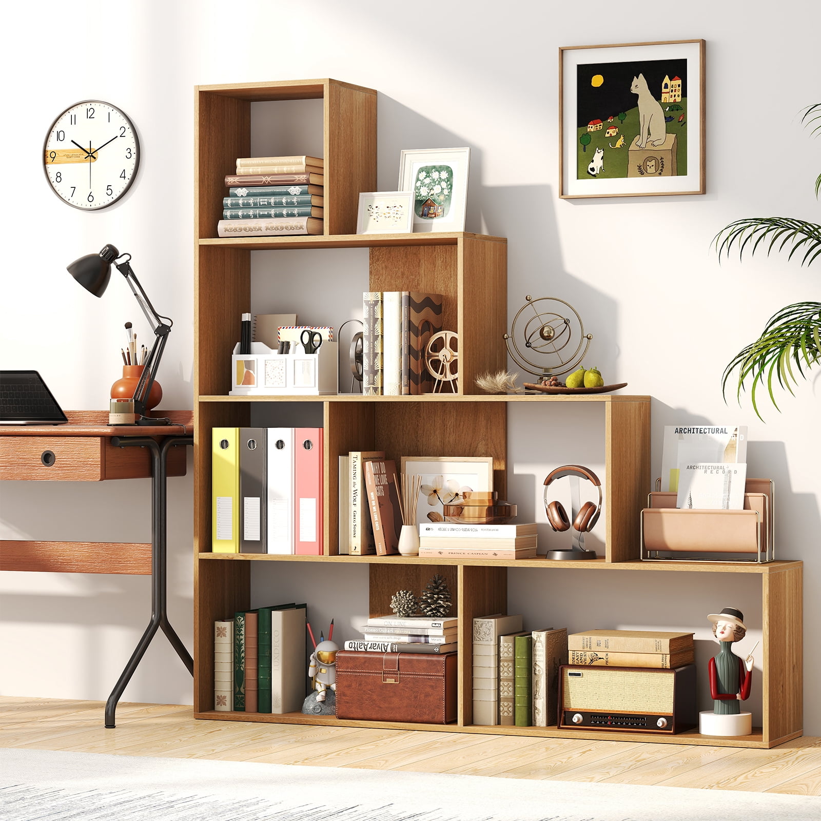 Giantex 4-Tier Stepped Bookshelf, Freestanding Ladder Storage Shelf w/ 6 Cubes, Modern Display Rack, Natural